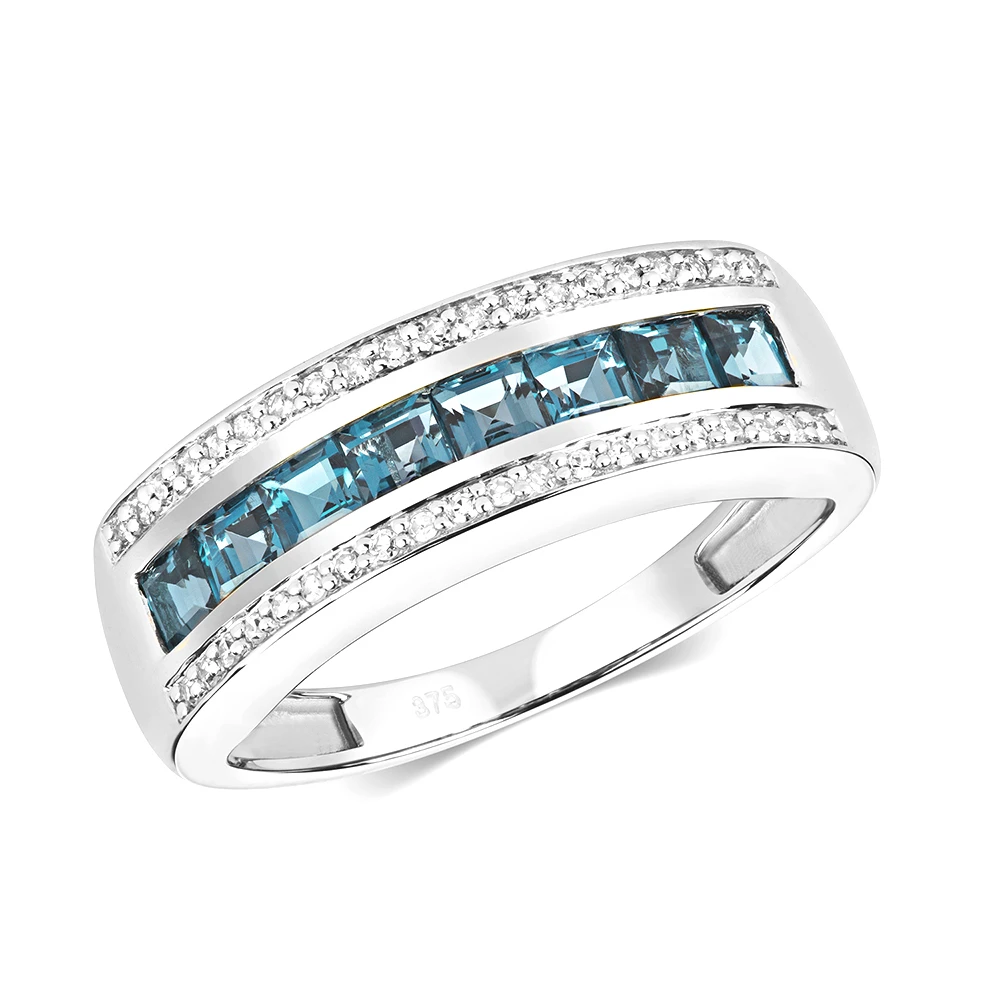 channel setting princes shape color stone and round diamond half eternity ring