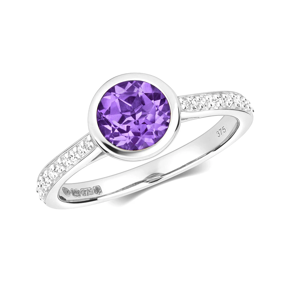 bezel setting round shape color stone and side round diamond ring