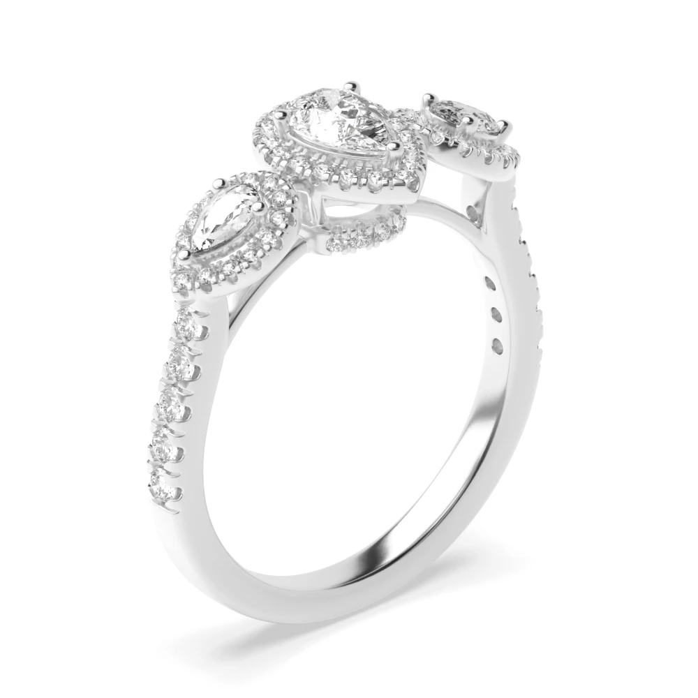 three stone pear halo diamond engagement ring