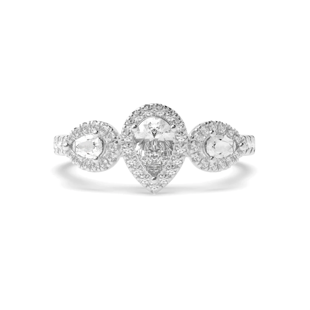 three stone pear halo diamond engagement ring