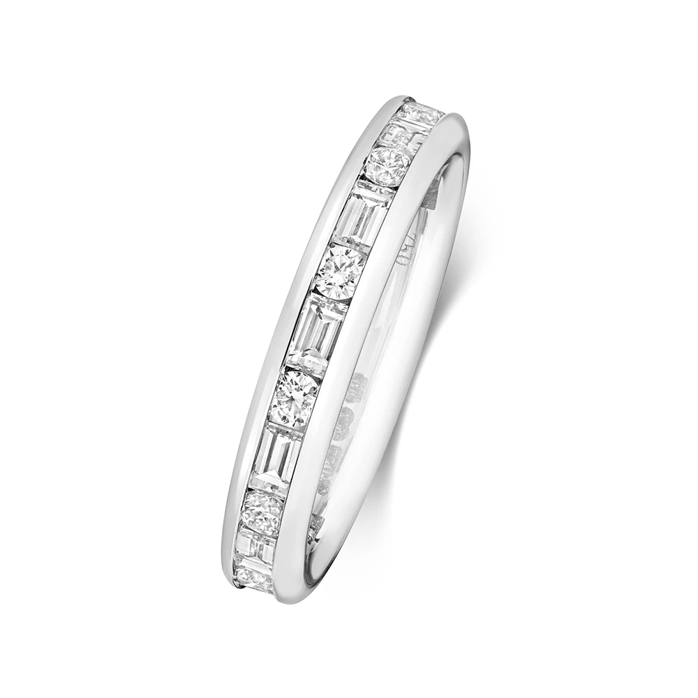 channel setting baguette and round shape diamond half eternity ring