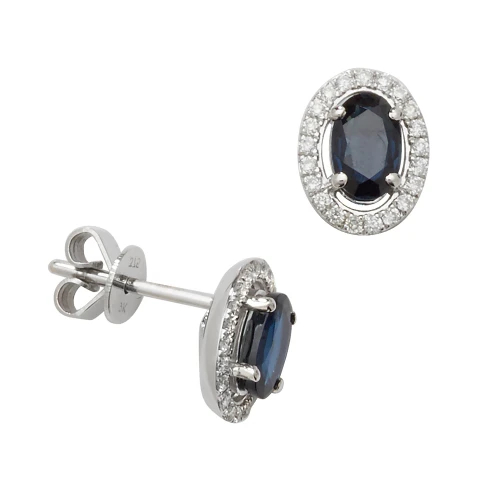Oval Shape Halo Diamond and Blue Sapphire Gemstone Earrings