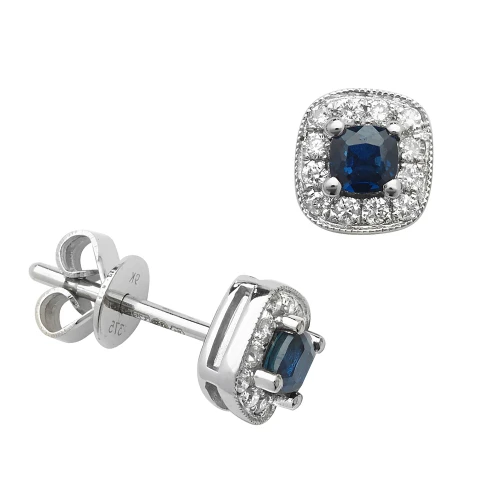 Round Shape Square Halo Diamond and Blue Sapphire Gemstone Earrings