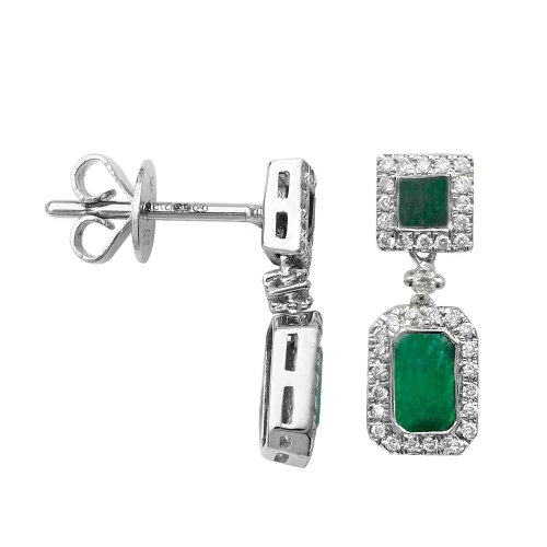 Rectangular Shape Halo Drop Diamond and Emerald Gemstone Earrings