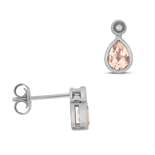 Pear Shape Drop Diamond and 5 X 4mm Morganite Gemstone Earrings