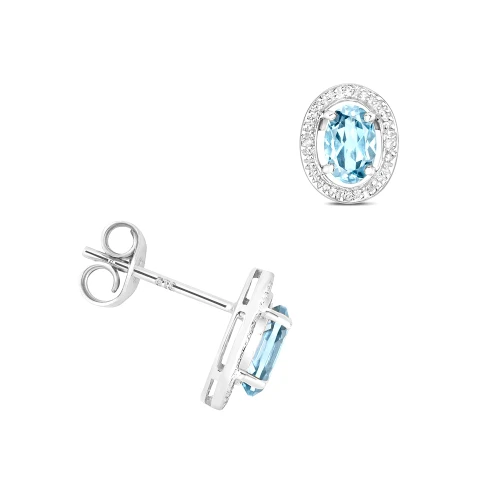 prong setting oval shape blue topaz gemstone and side stone earring