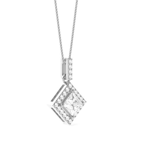 N-W-E-S Dangling Princess Shape Halo Diamond Pendant Necklace