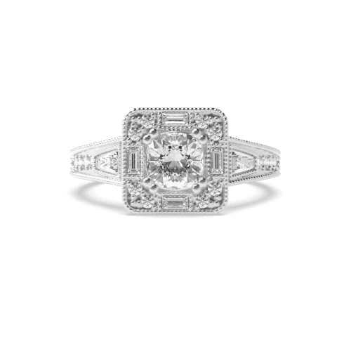 Prong Setting Cushion Shape Round and Baguette on shoulder - Unique Halo Diamond Engagement Rings