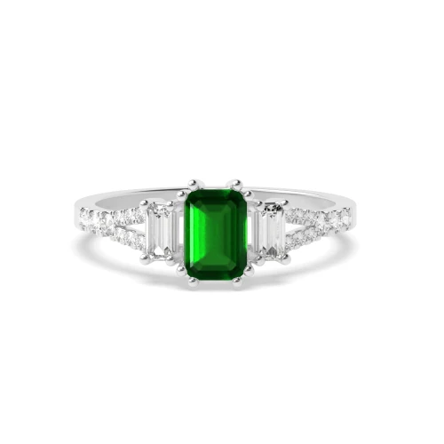 Split Shoulder Emerald Diamond Trilogy Engagement Rings