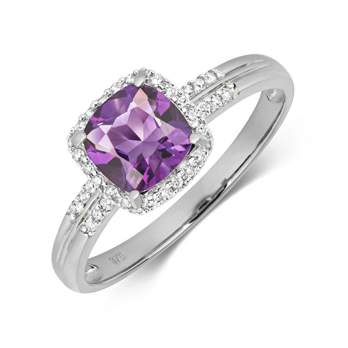 Gemstone Ring With 6.0mm Cushion Shape Amethyst and Diamonds