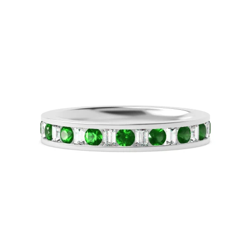 Channel Setting Round & Baguette Half Eternity Diamond and Gemstone Emerald Rings (Available in 2.5mm to 3.5mm)