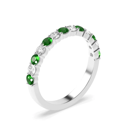 Prong Setting Round Half Eternity Diamond and Emerald Ring