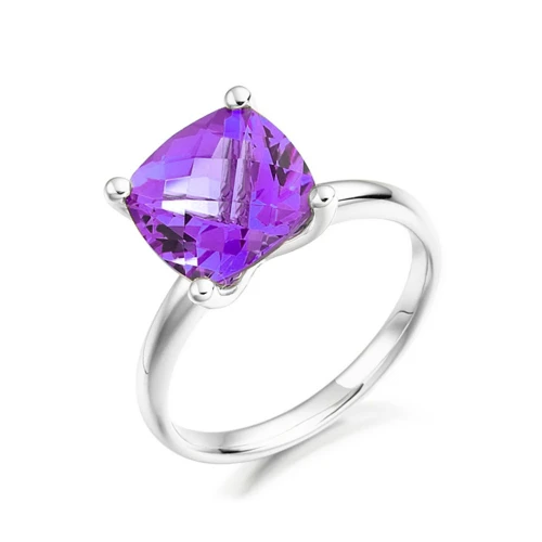 6mm Cushion Sqare Amethyst Solitaire Diamond And Gemstone Engagement Ring