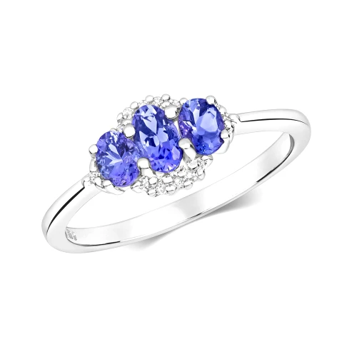 4 prong setting 3 oval shape color stone and side round diamond ring