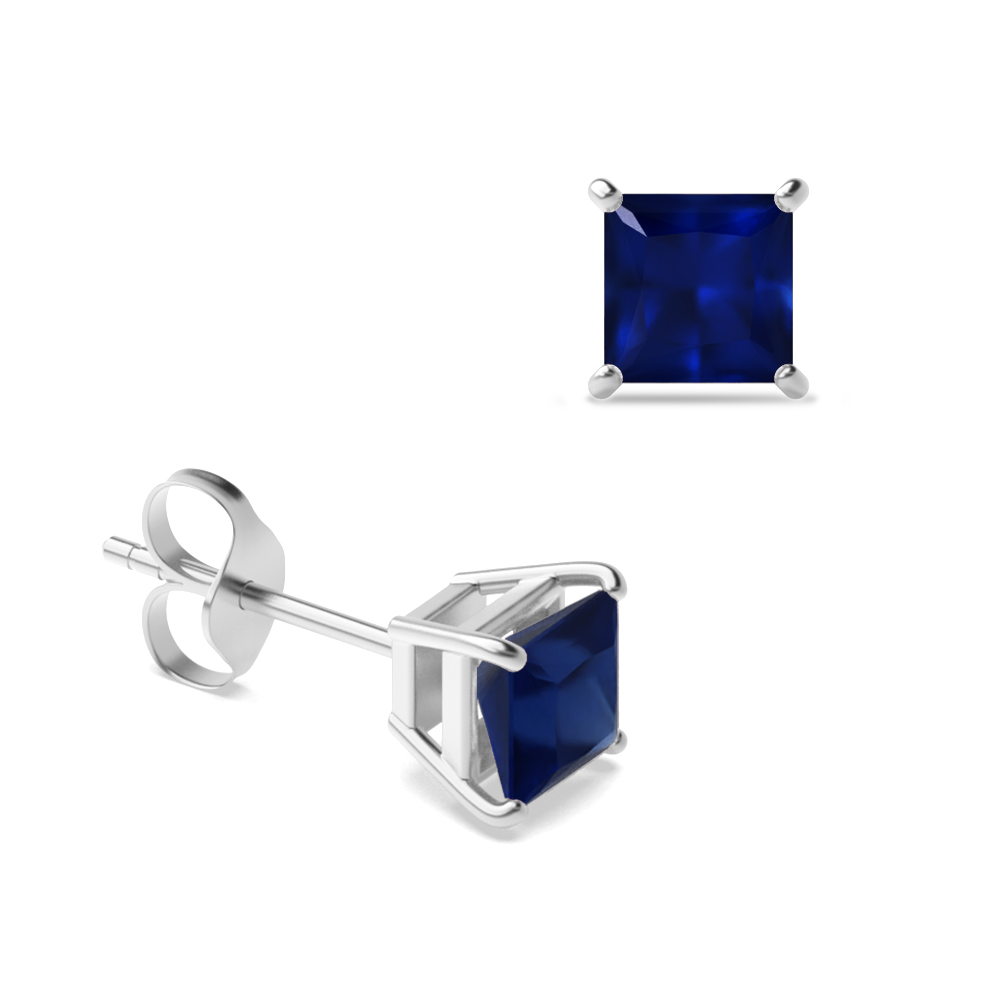 Claw Setting Square Blue Sapphire Gemstone Stud Earrings