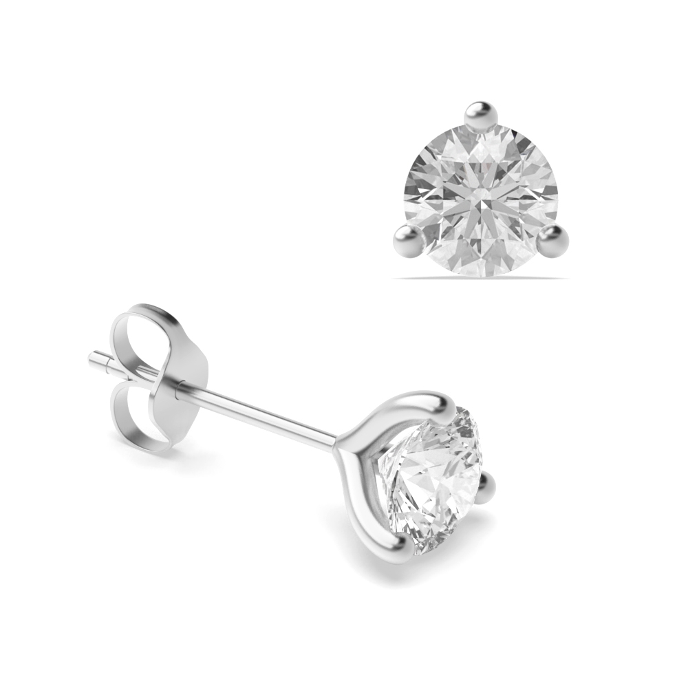 3 Prongs Setting Round Diamond White Gold Stud Earring