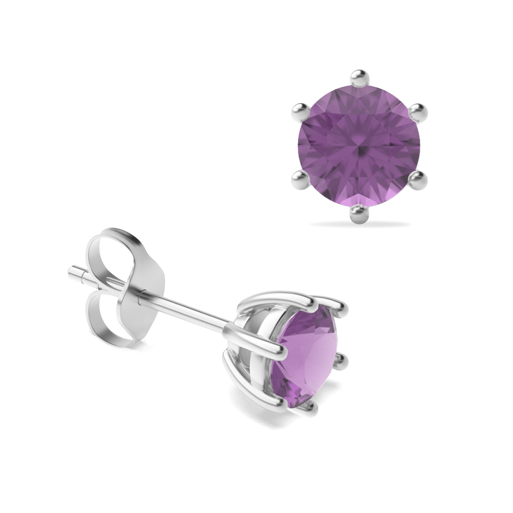 6-Claw White Gold Round Diamond Birthstone Stud Earring