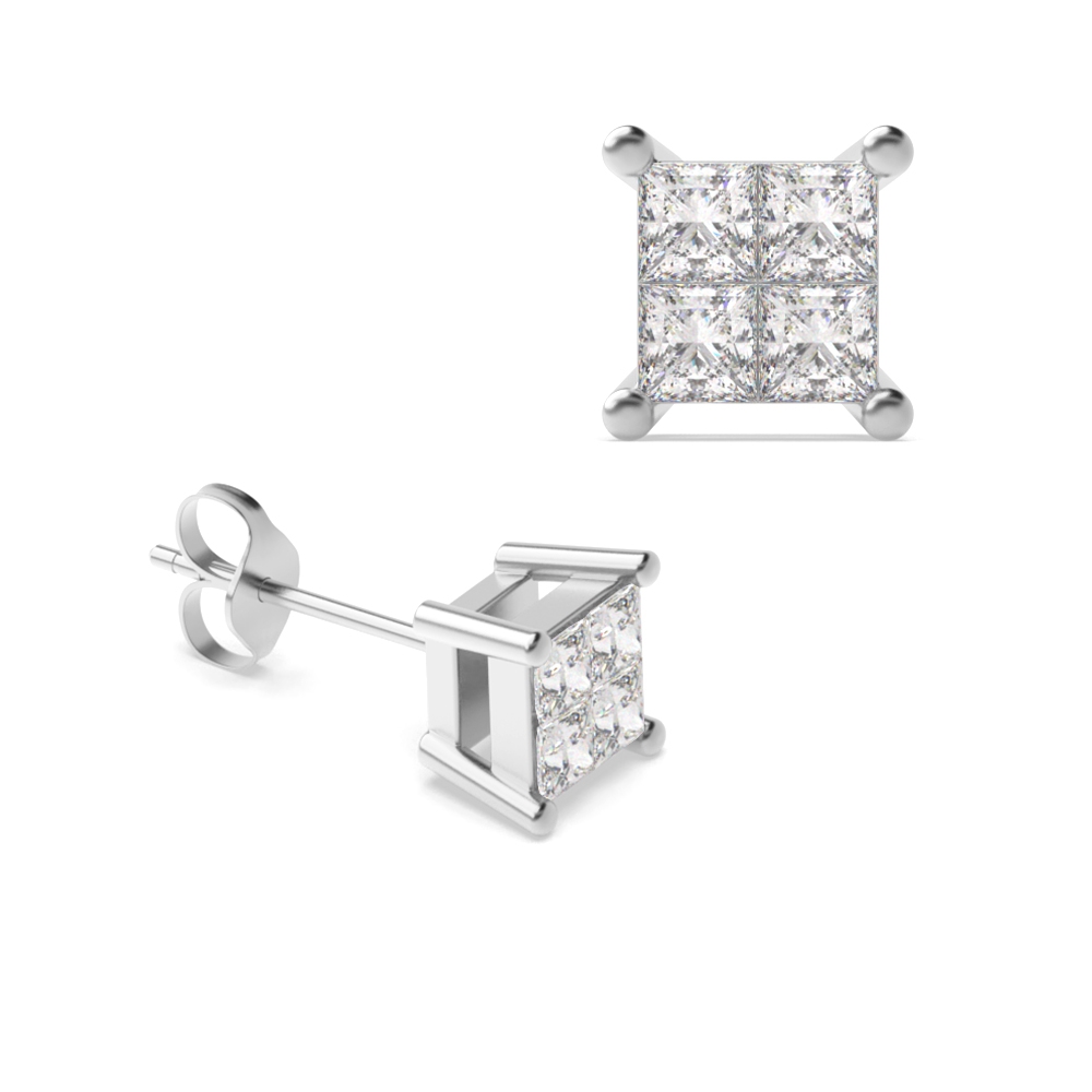 Invisible Setting Princess Diamond Stud Earrings (4.0mm-8.0mm)