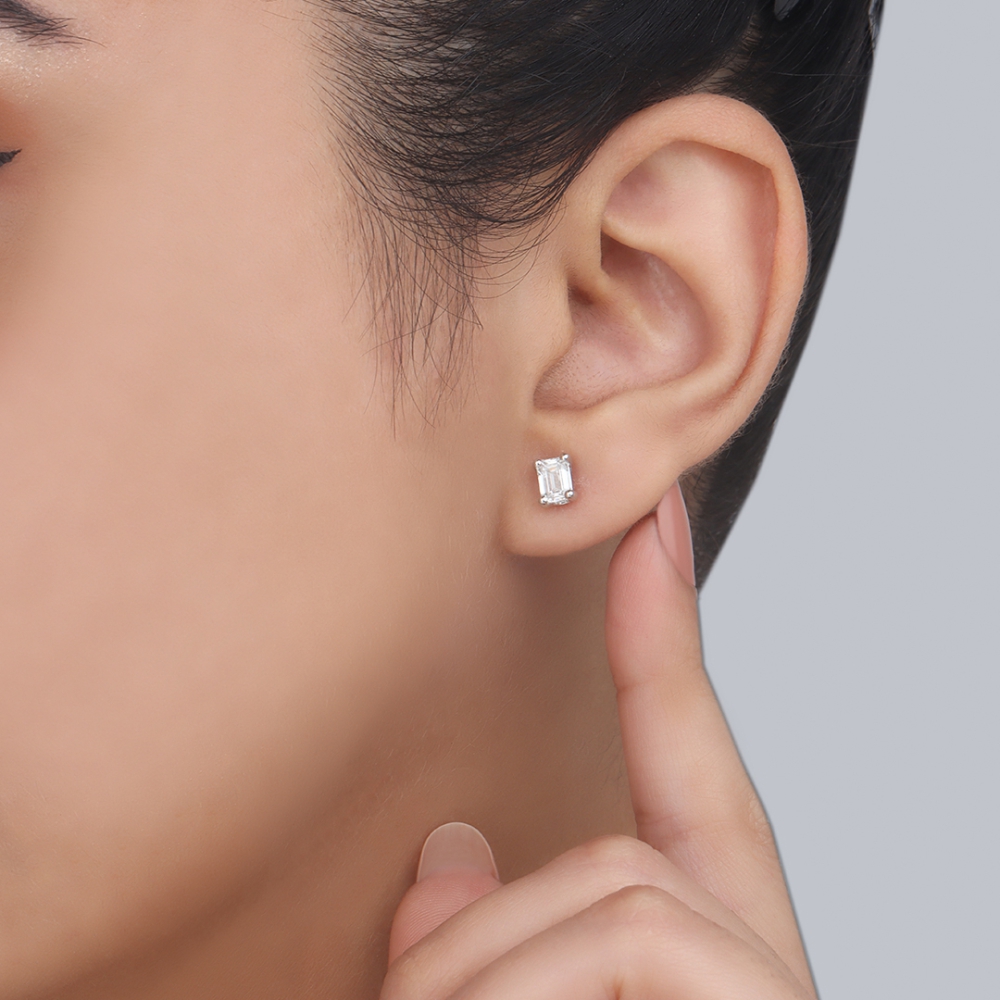 4 Prong Emerald Orbit Naturally Mined Diamond Stud Earrings