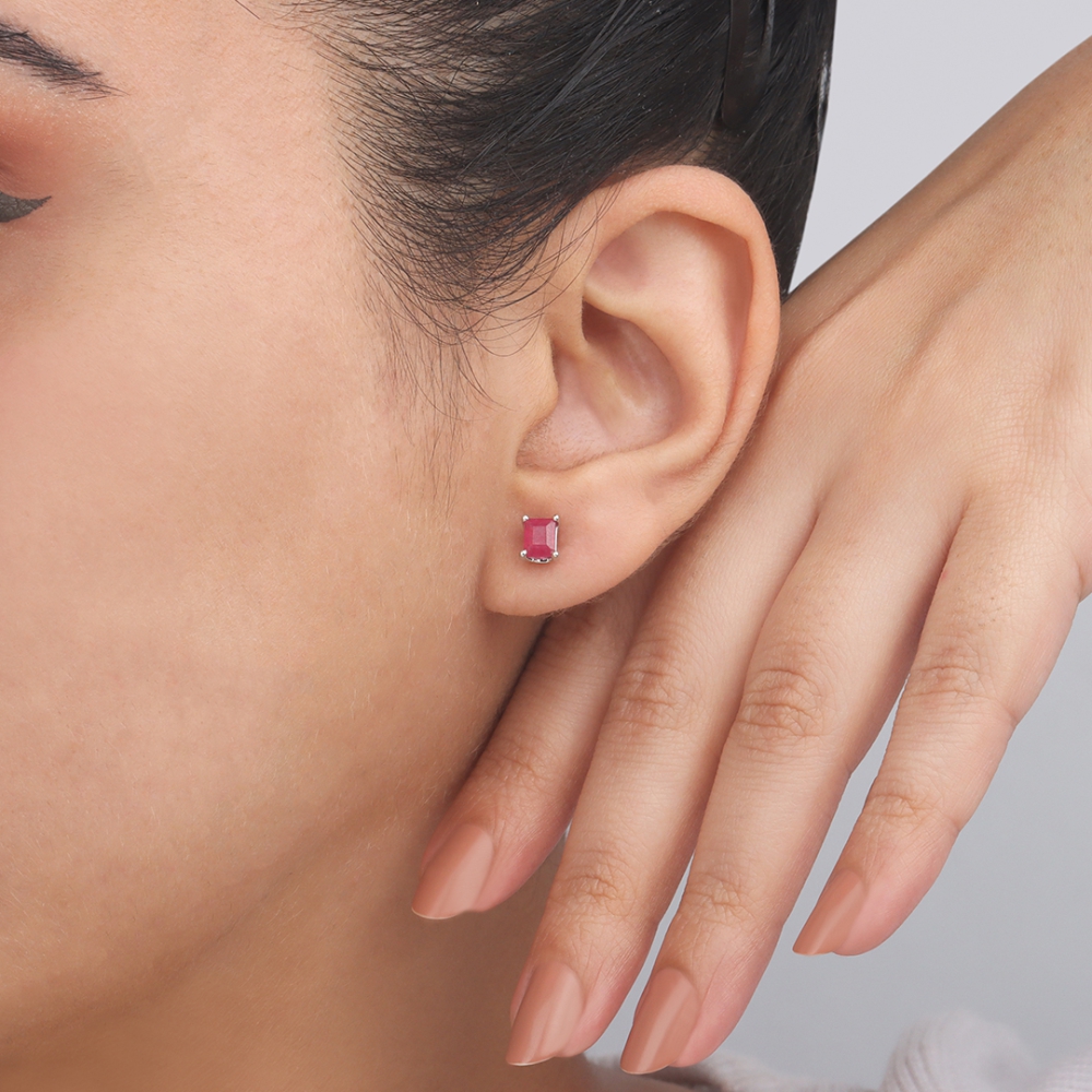 4 Prong Emerald Orbit Ruby Stud Earrings