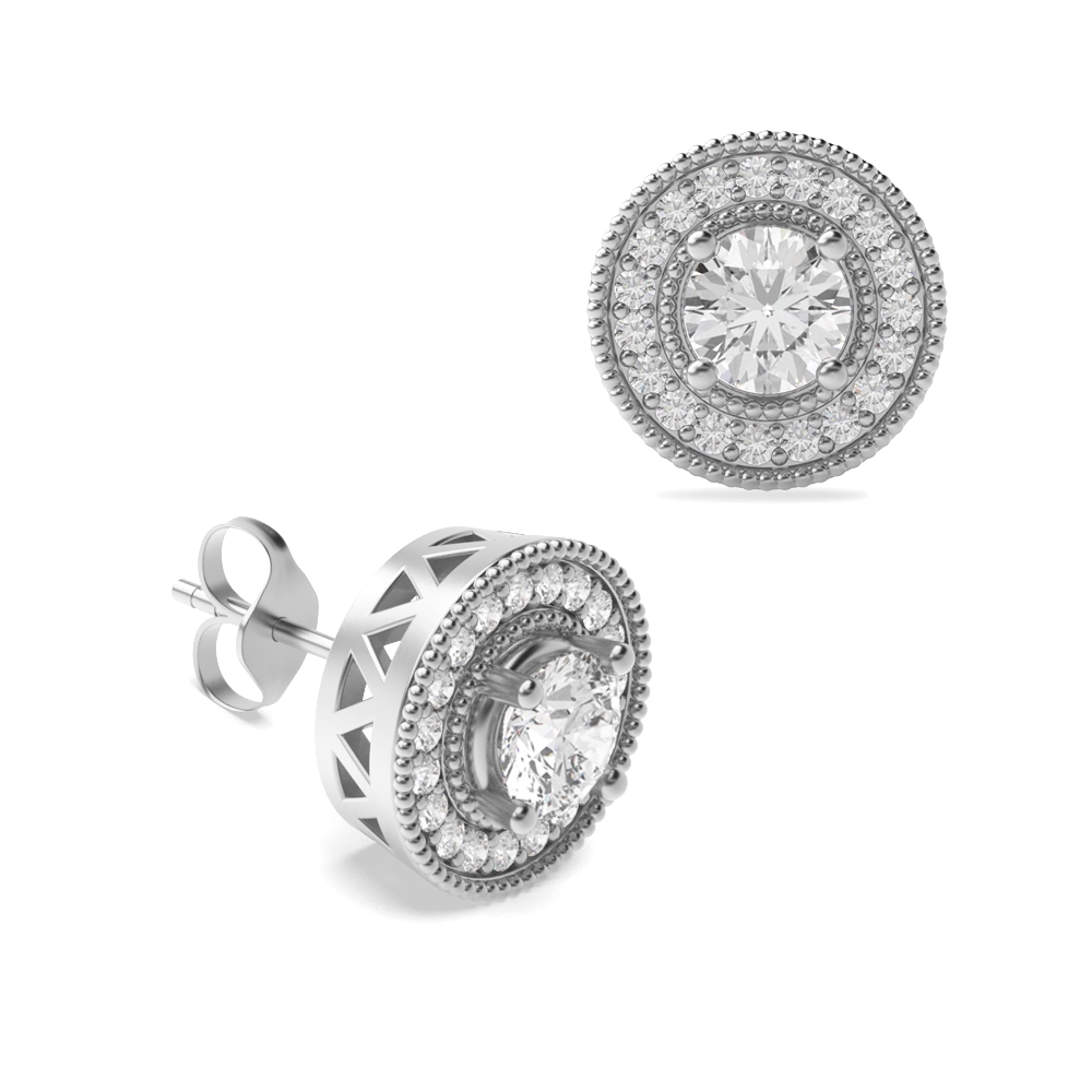 Round Shape Diamond Halo Earrings Available in Gold and Platinum