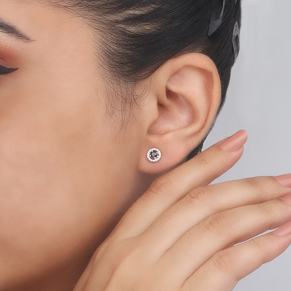 4 Prong Halo Black Diamond Earrings