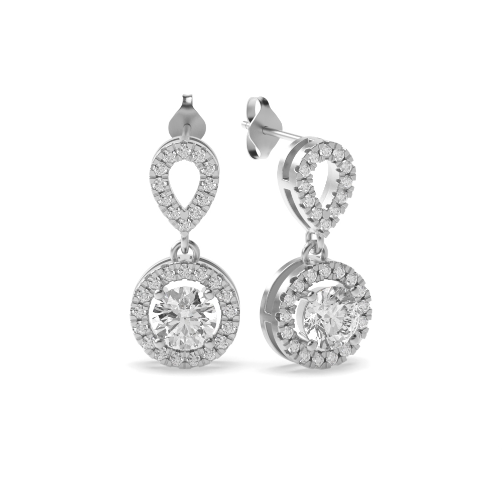 Round Shape Dangling Halo Stud Diamond Earrings Available in White, Yellow, Rose Gold and Platinum