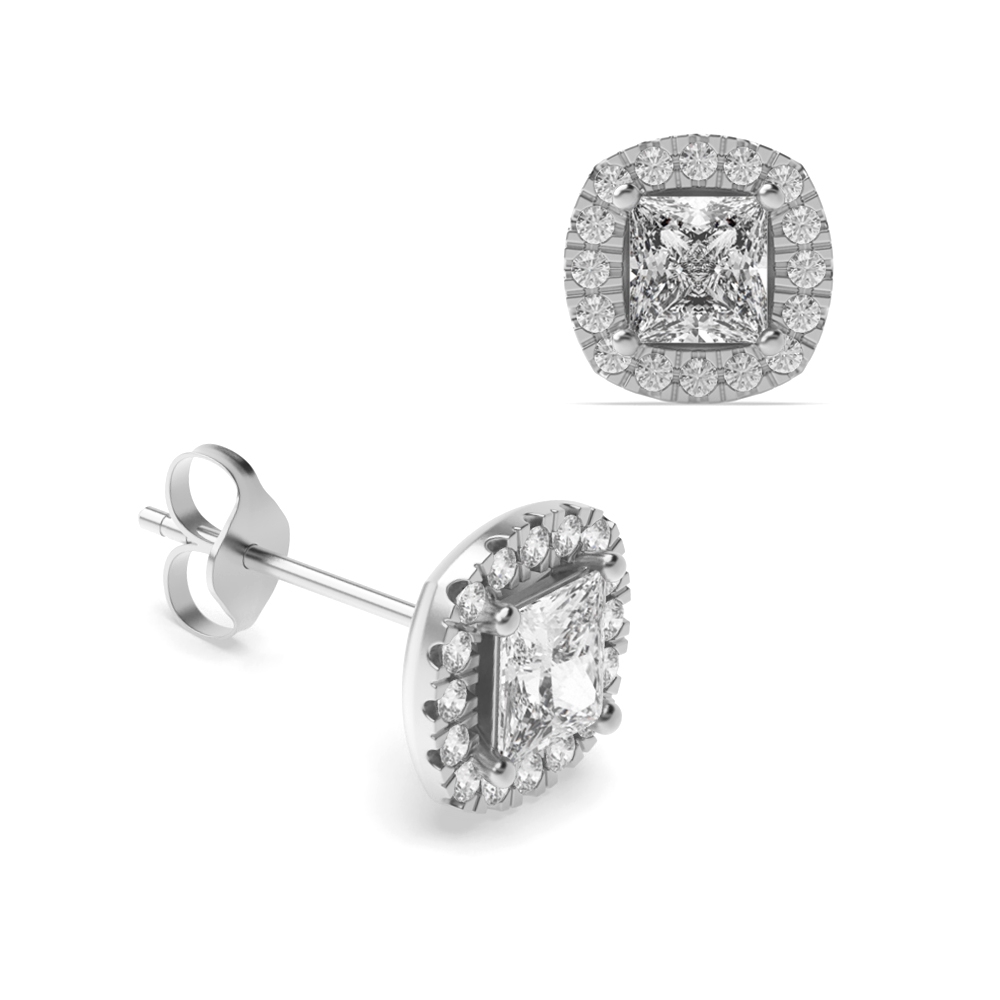 Princess Cut Diamond Halo Diamond Earrings Available in White, Yellow, Rose Gold and Platinum