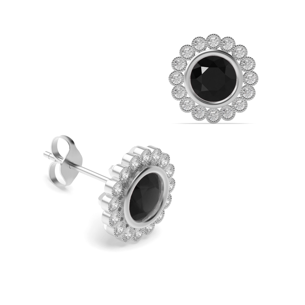 Round Shape Milligrain Halo Black Diamond earrings
