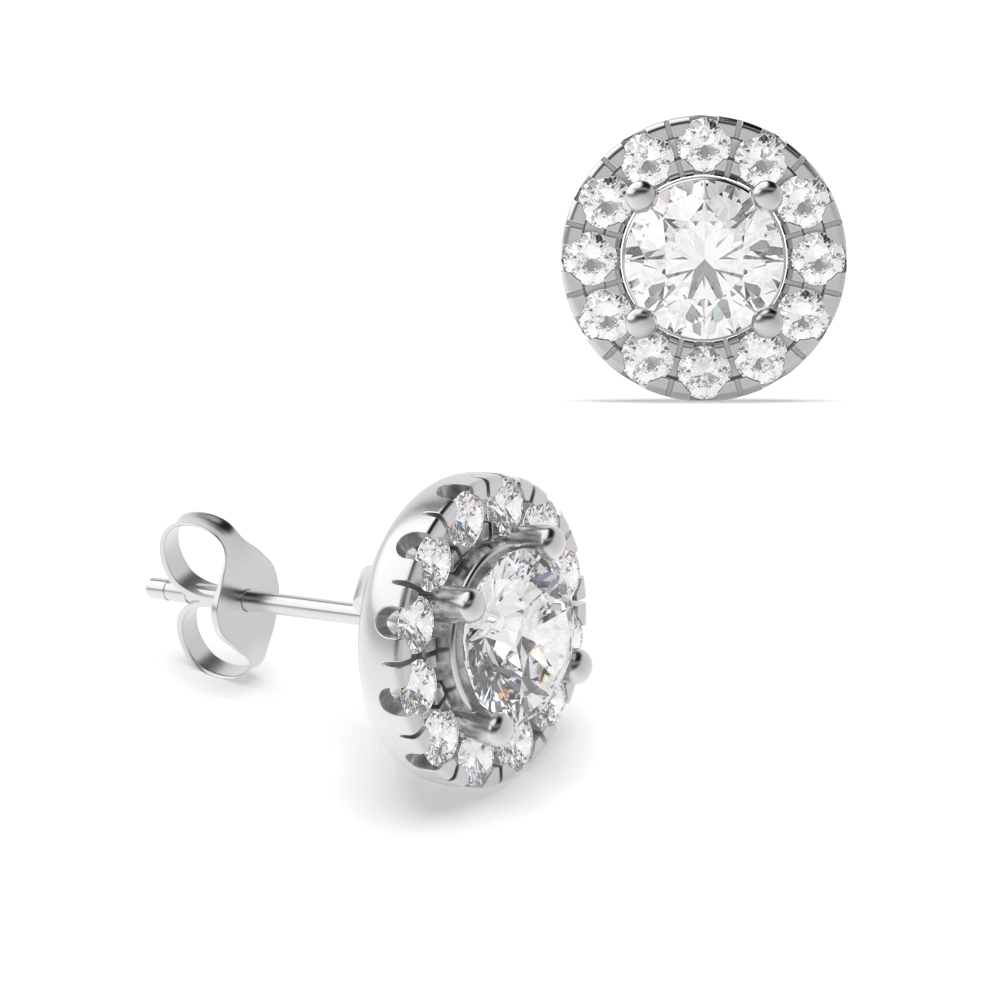 Round Diamond Halo Diamond Earrings Available in Rose, Yellow, White Gold and Platinum