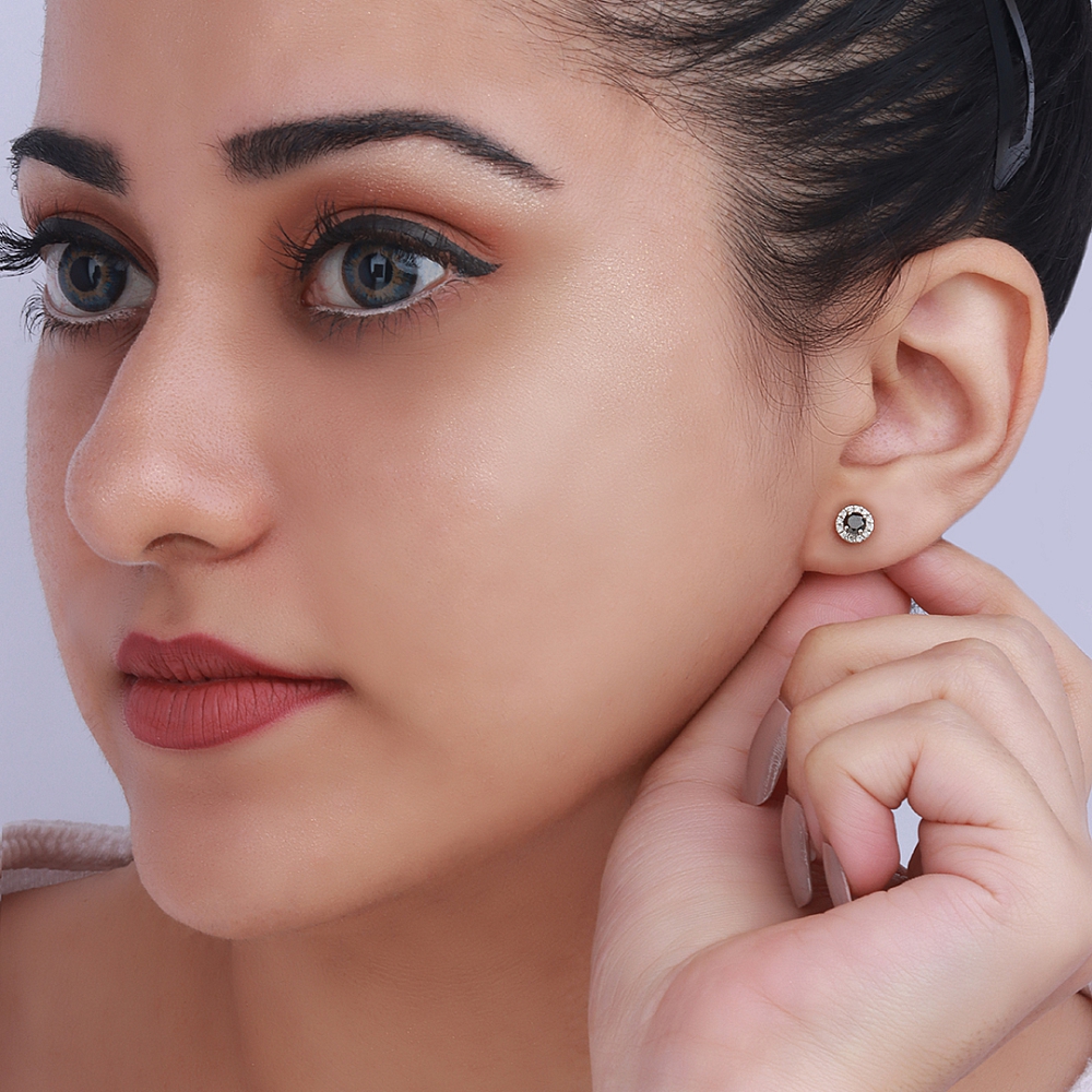 4 Prong Round Halo Black Stud Diamond Earrings