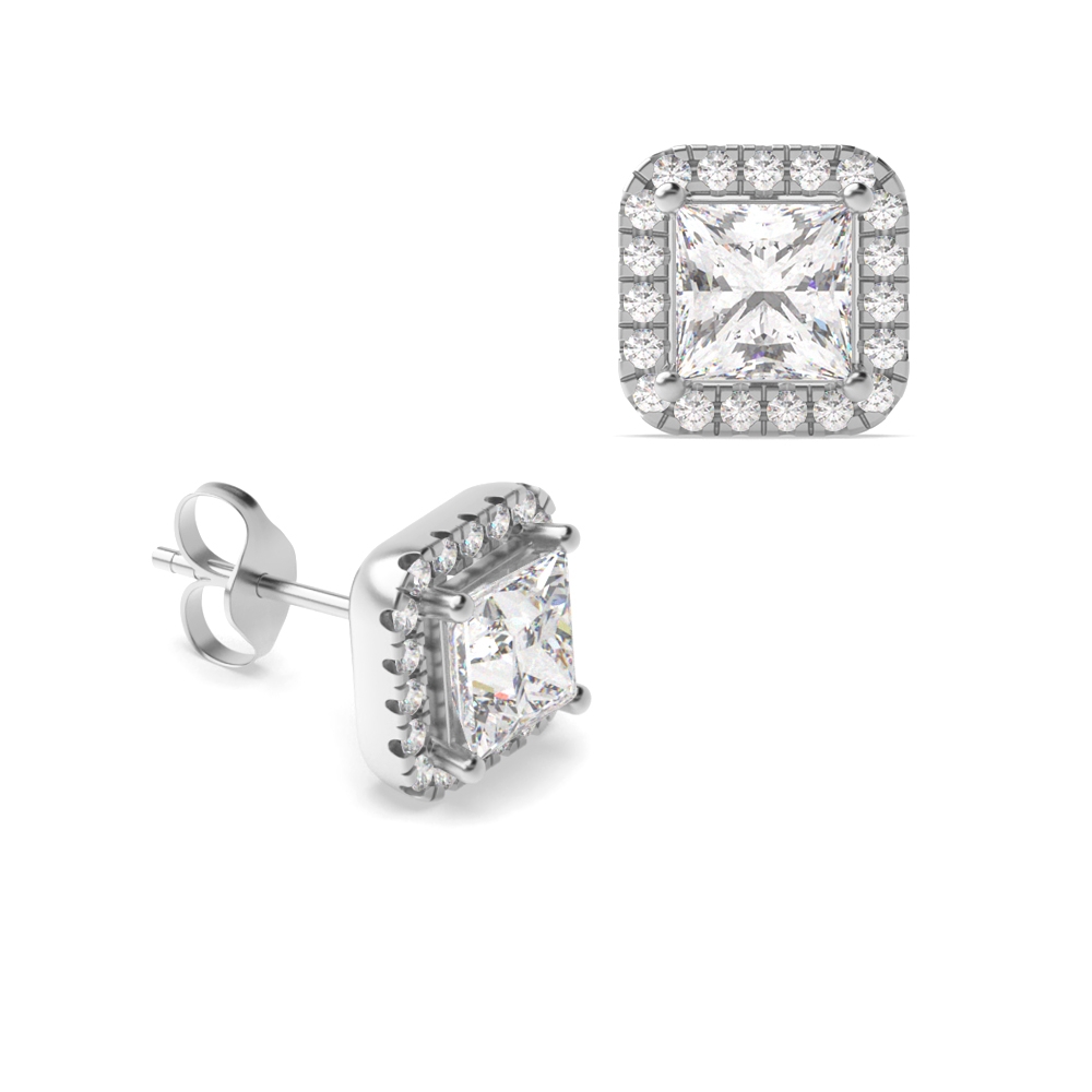 Princess Shape Square Moissanite Halo Moissanite Earrings Available in Rose, Yellow, White Gold and Platinum