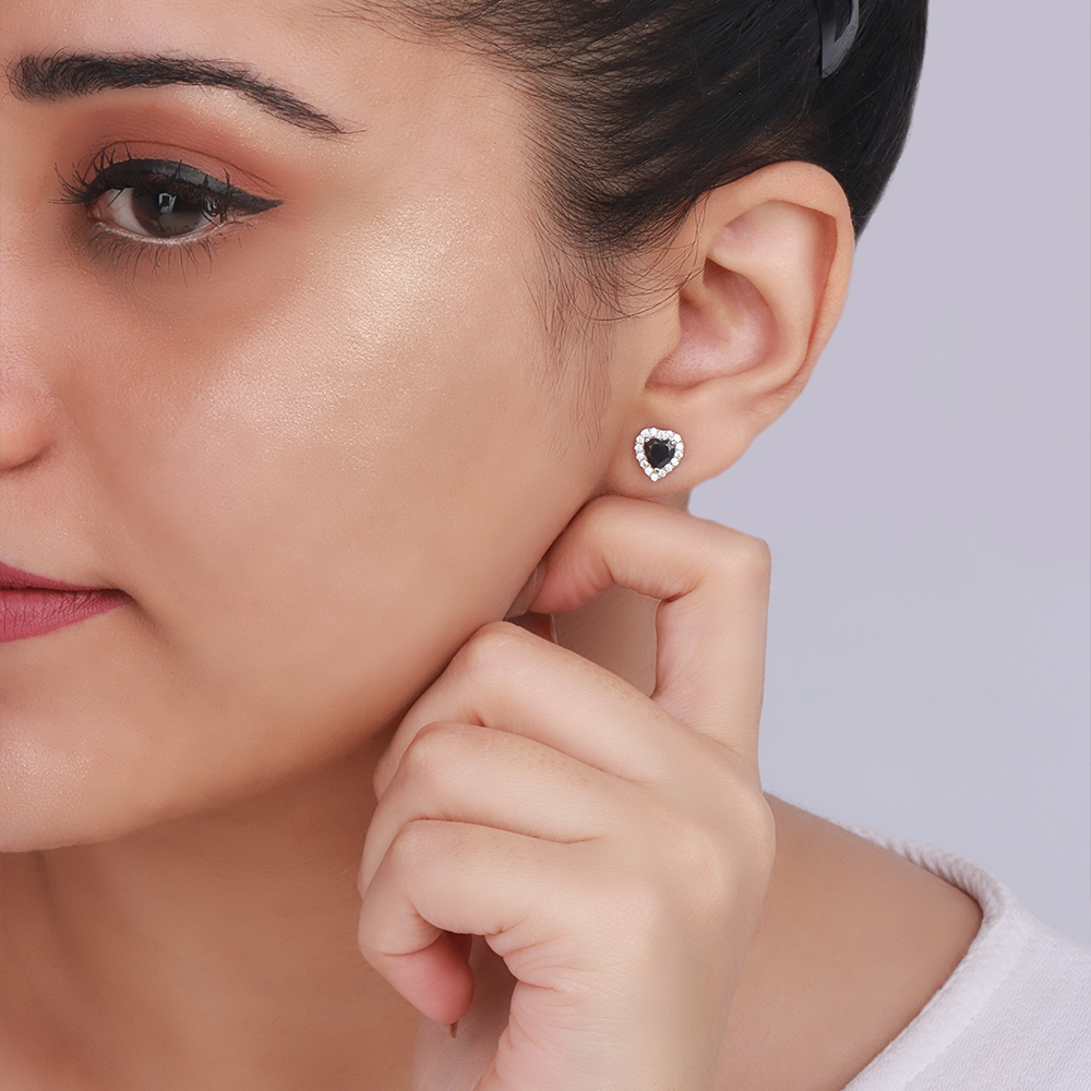 Prong Heart shaped halo Black Stud Diamond Earrings