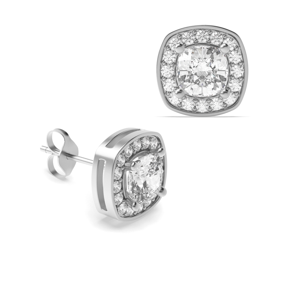 Cushion Shape Diamond Halo Diamond Earrings Available in Rose, Yellow, White Gold and Platinum