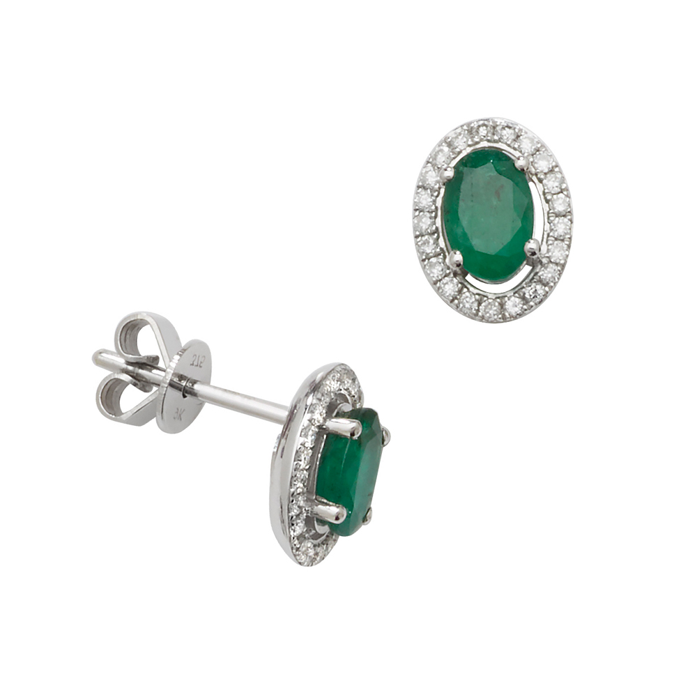 Oval Shape Halo Lab Grown Diamond and Emerald Gemstone Earrings