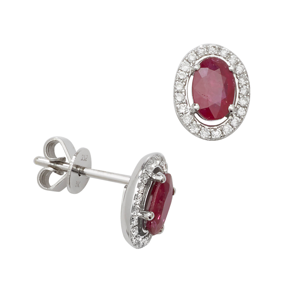 Oval Shape Halo Diamond and Ruby Gemstone Earrings