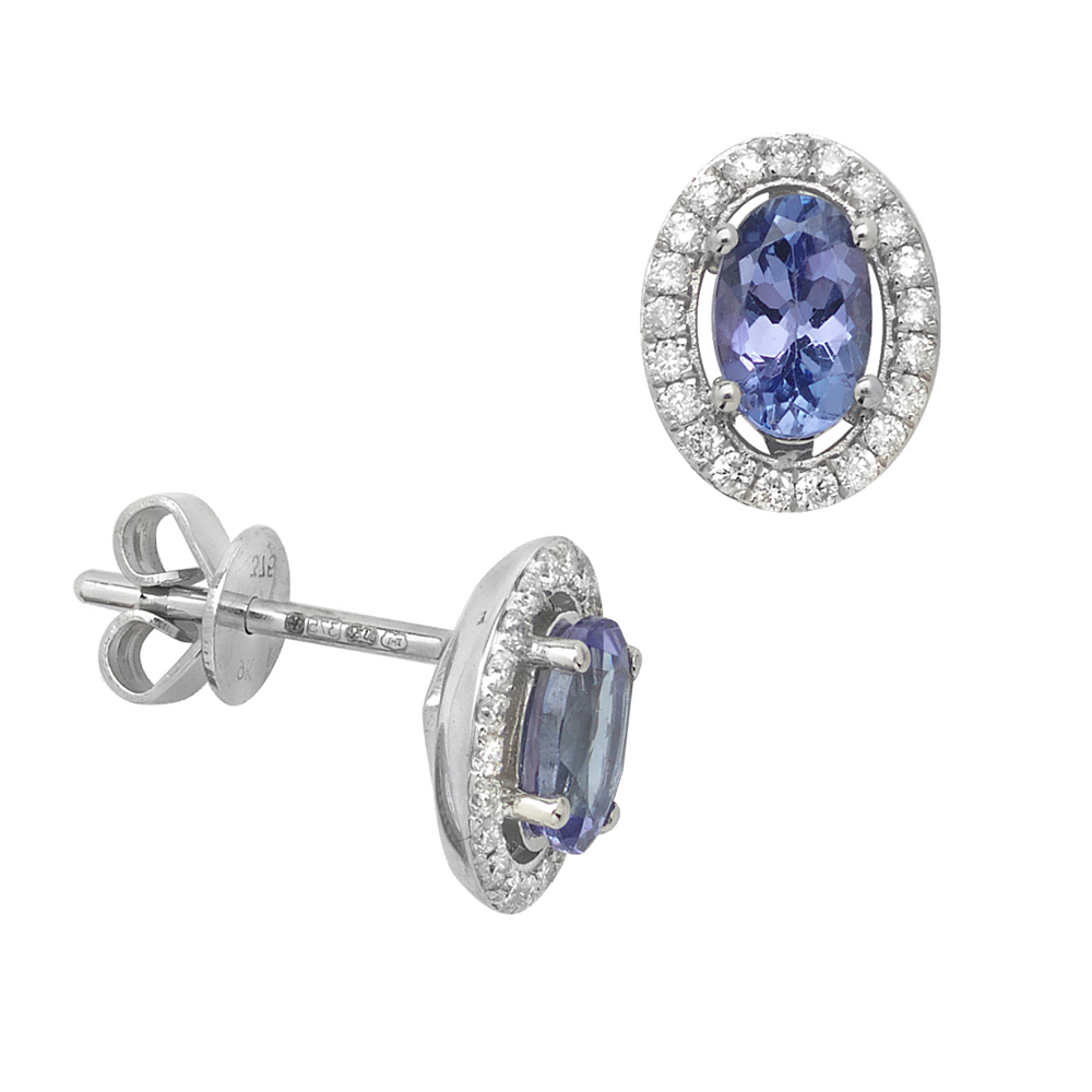 Oval Shape Halo Diamond and Tanzanite Gemstone Earrings