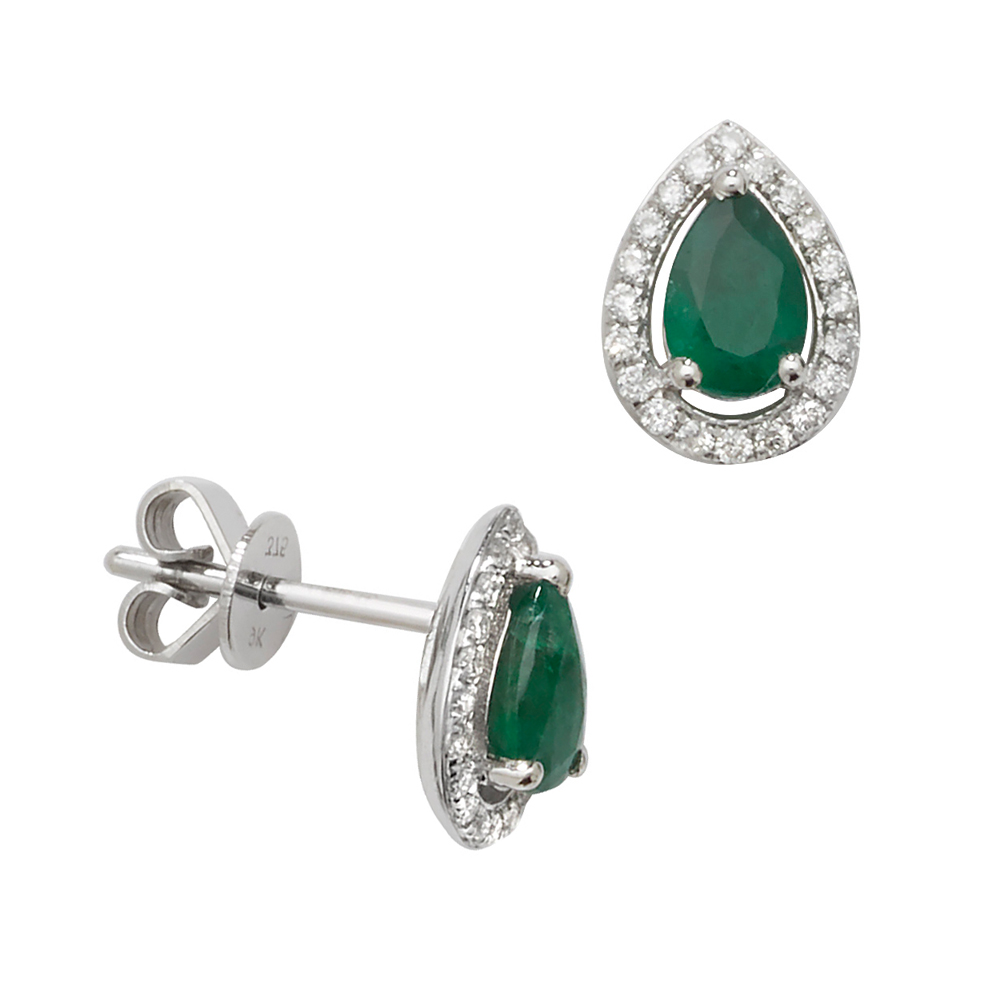 Pear Shape Halo Diamond and Emerald Gemstone Earrings