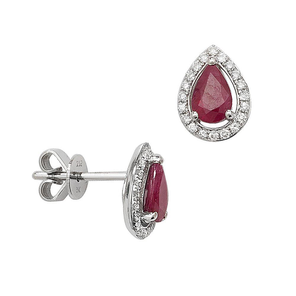 Buy Pear Shape Halo Diamond And Ruby Gemstone Earrings - Abelini