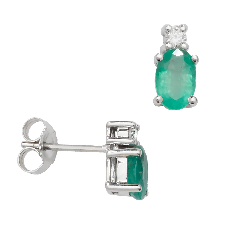 Oval Shape Diamond and 6 X 4mm Emerald Gemstone Earrings