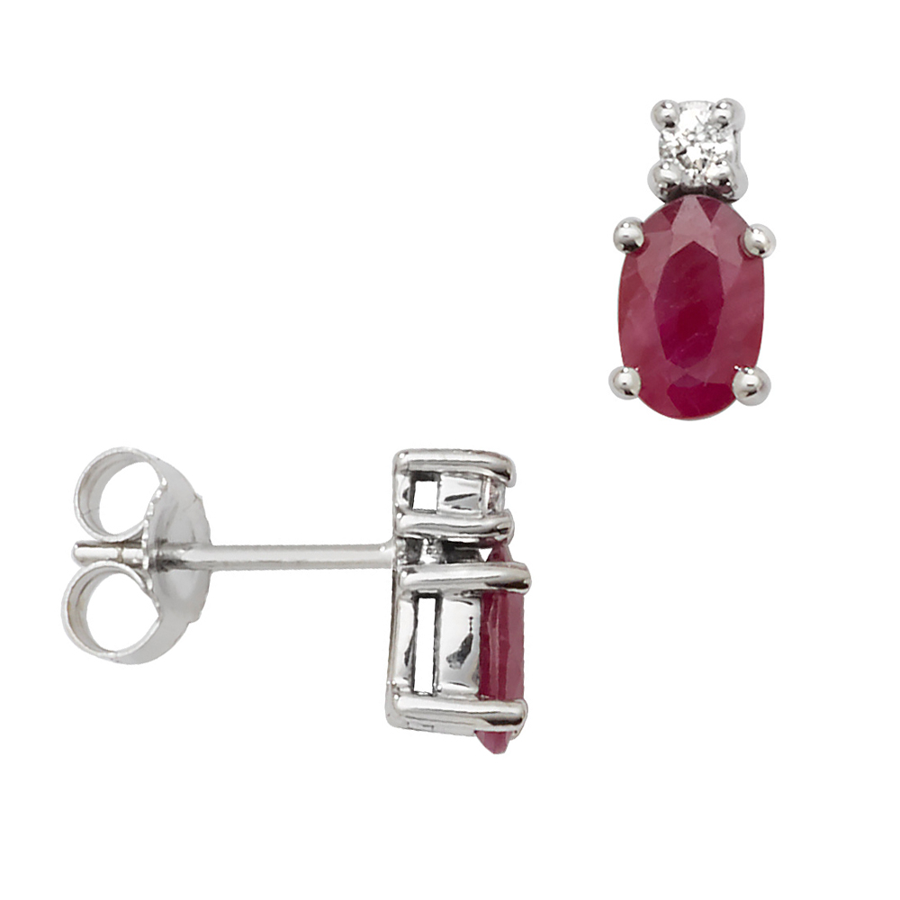 Oval Shape Diamond and 6 X 4mm Ruby Gemstone Earrings