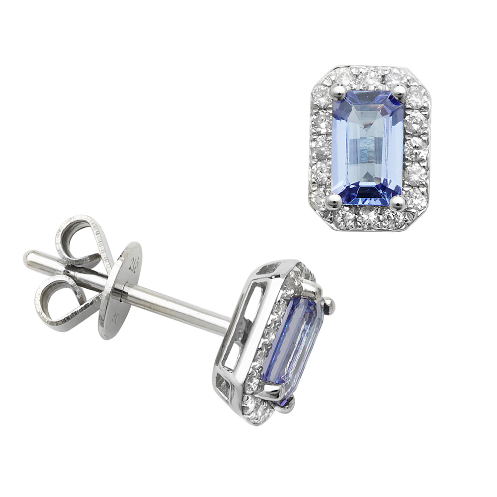 Rectangular Shape Halo Diamond and Tanzanite Gemstone Earrings