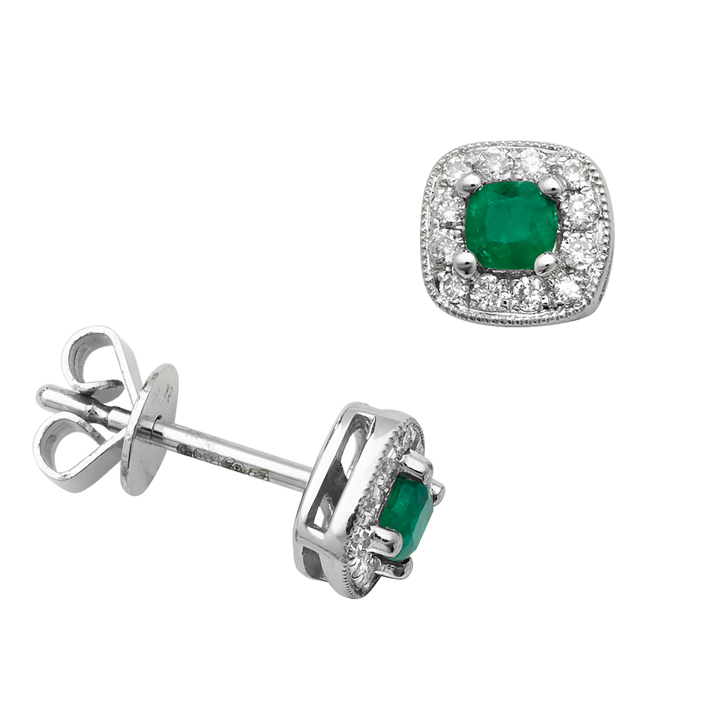 Round Shape Square Halo Diamond and Emerald Gemstone Earrings