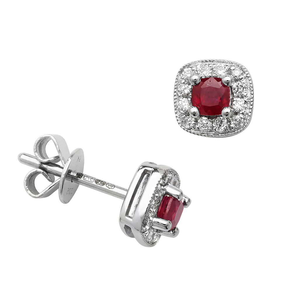 Round Shape Square Halo Diamond And Ruby Gemstone Earrings