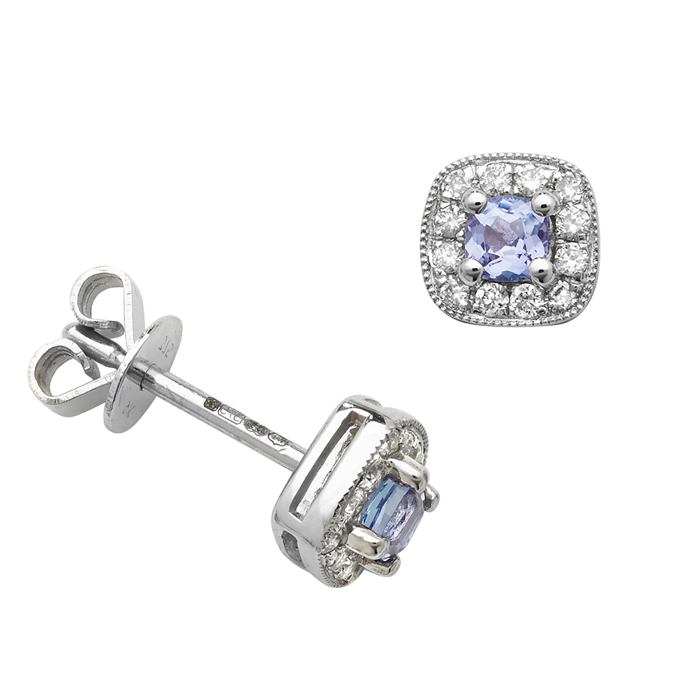 Round Shape Square Halo Diamond And Tanzanite Gemstone Earrings