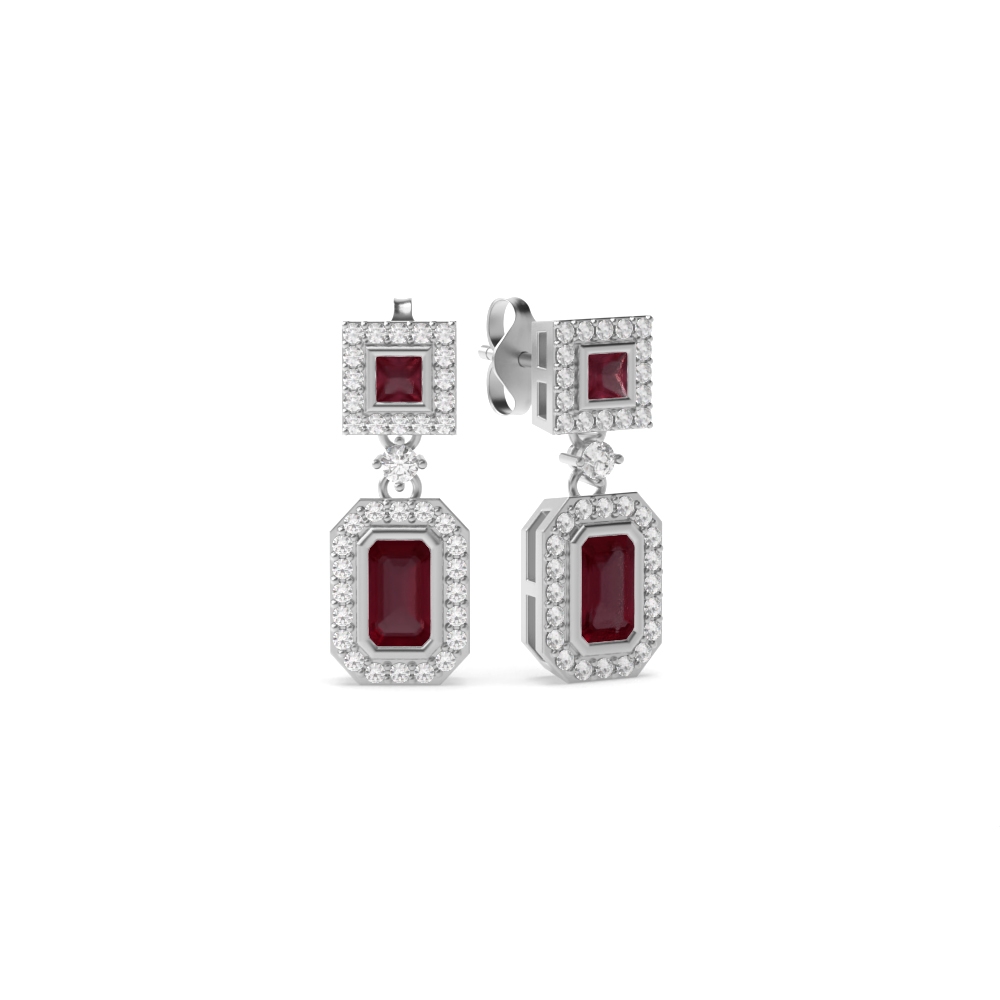 Rectangular Shape Halo Drop Lab Grown Diamond and Ruby Gemstone Earrings