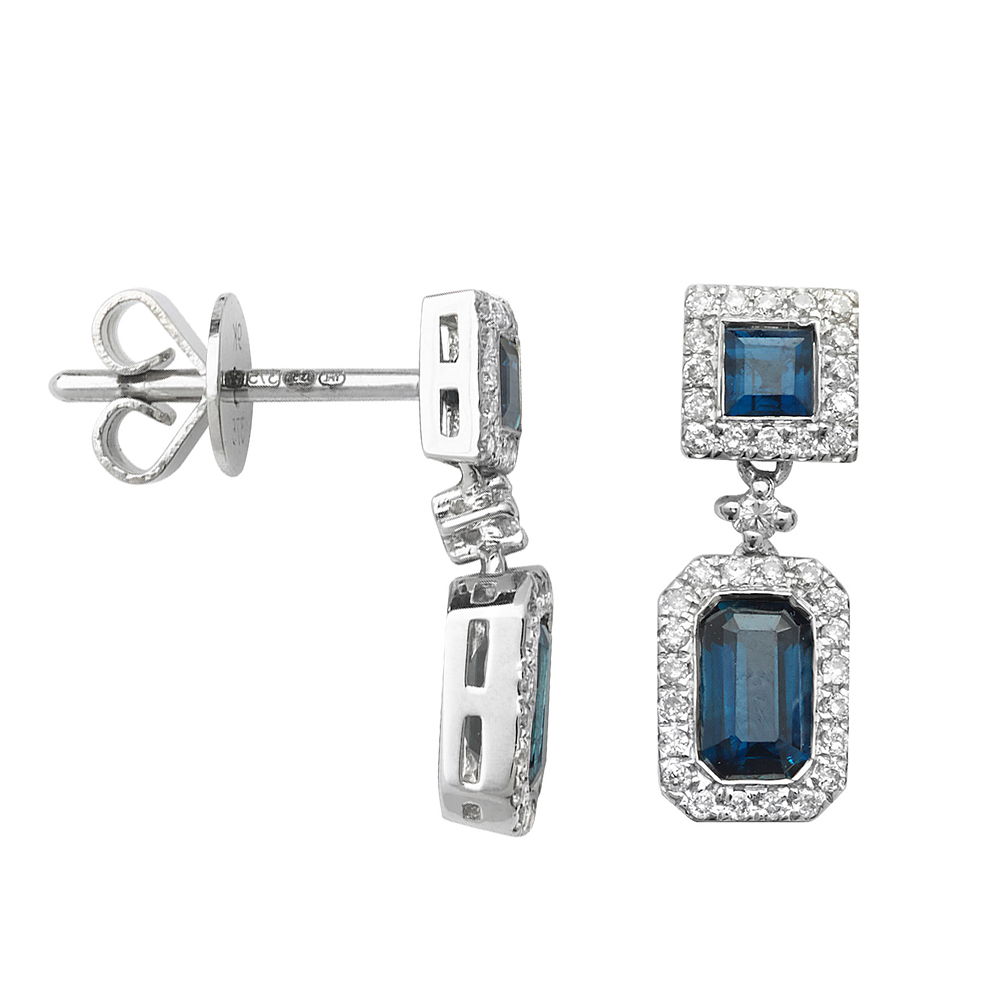 Rectangular Shape Halo Drop Diamond and Blue Sapphire Gemstone Earrings