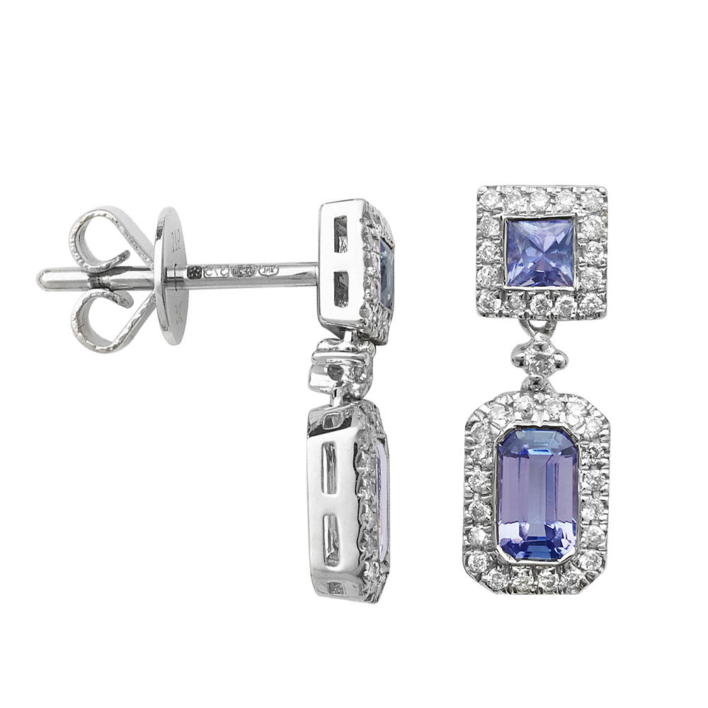 Rectangular Shape Halo Drop Diamond and Tanzanite Gemstone Earrings