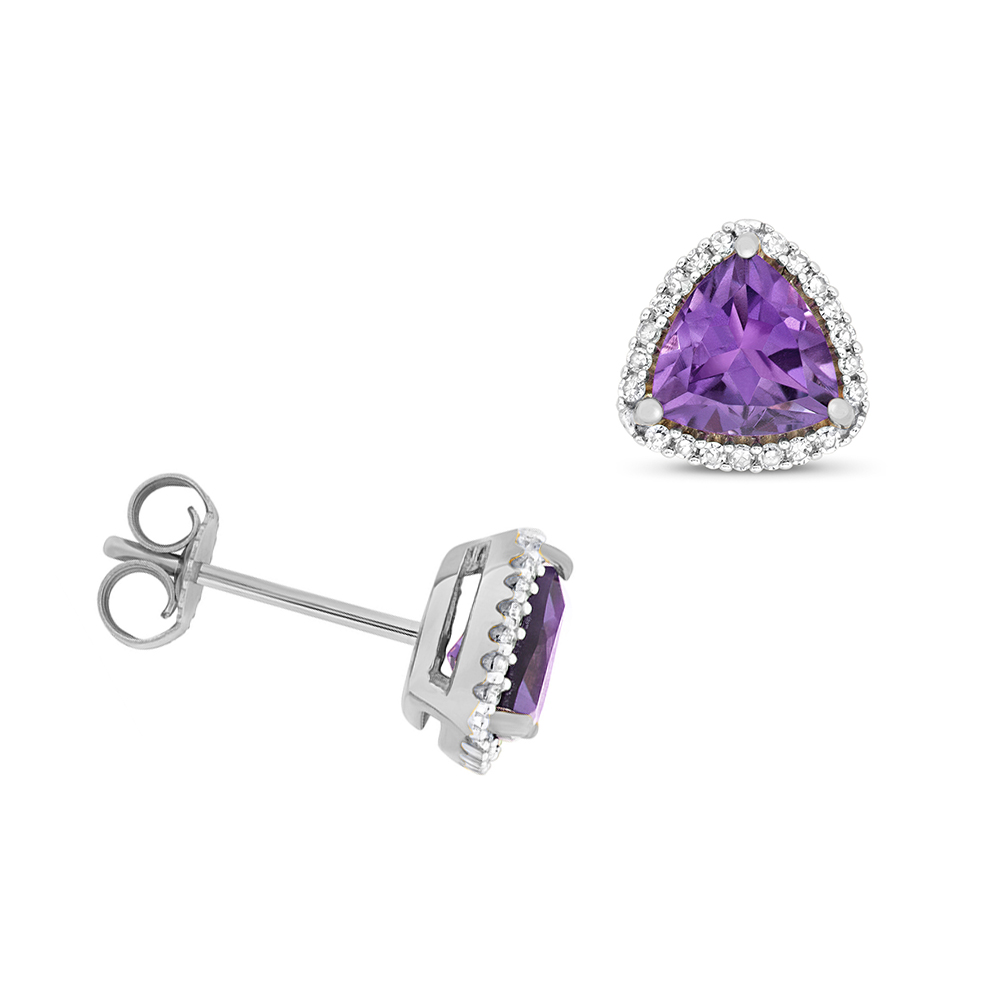 Trillion Shape Halo Diamond And 6.0Mm Amethyst Gemstone Earrings