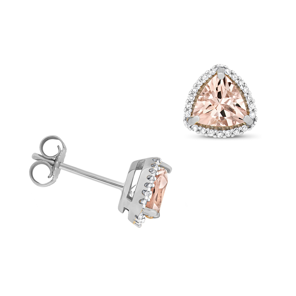 Trillion Shape Halo Diamond and 6.0mm Morganite Gemstone Earrings
